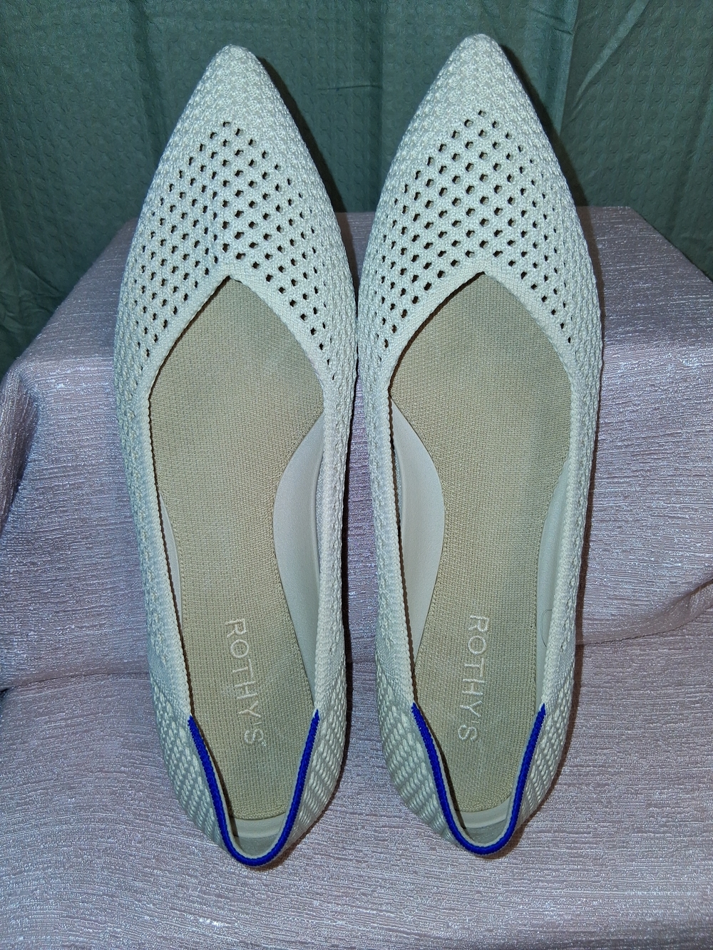 Rothy's Off-White Pointed Knit Flats with Blue Heel Accent